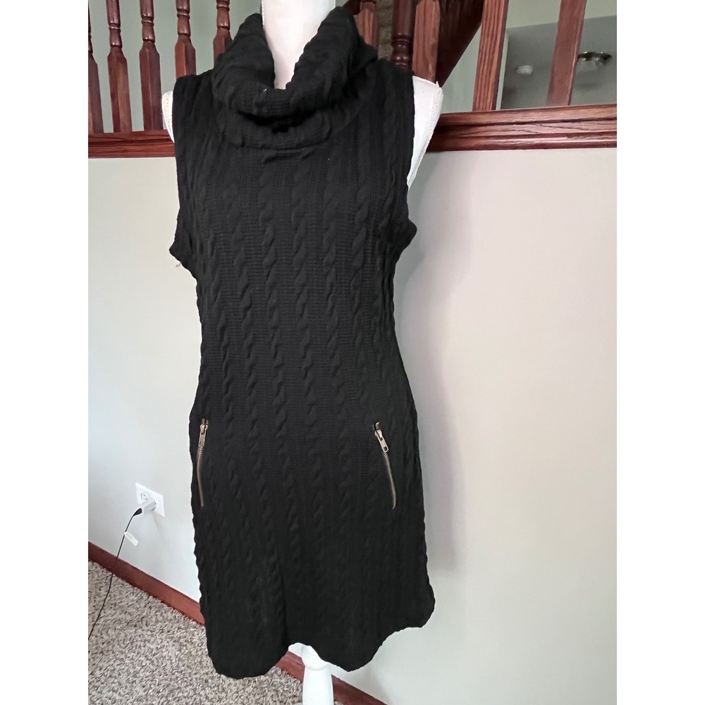 Edge Black Cable Knit Cowl Neck Sleeveless Sweater Dress Zipper Pockets Large